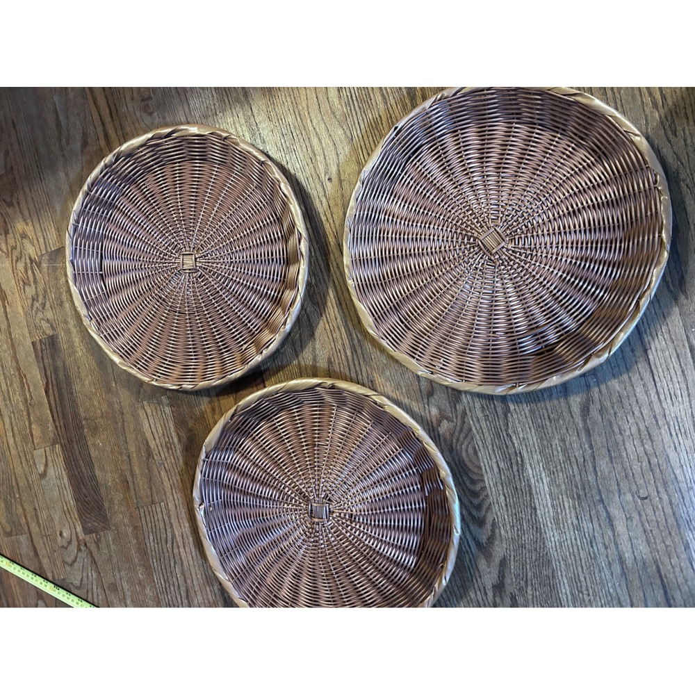 Unbranded Woven Round Serving Tray Set 15.5in Brown Plastic Wicker Utility 3pc